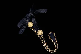 Chanel Vintage Black Lambskin Leather Medallion Chain Belt