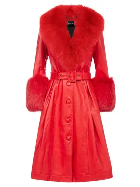 Faux Fur Genuine Leather Coat in Red