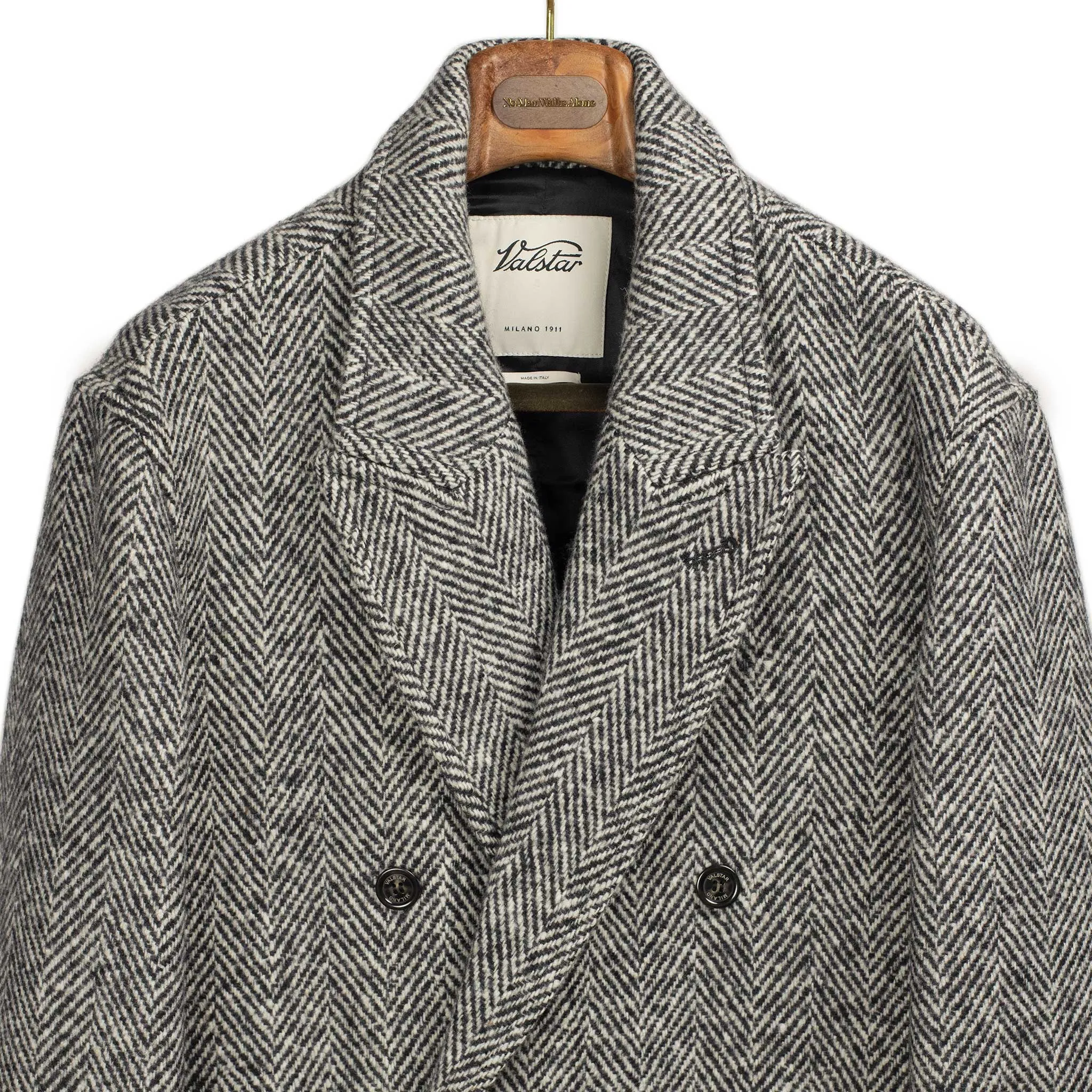 Giorgio double breasted overcoat in grey and black broken herringbone wool