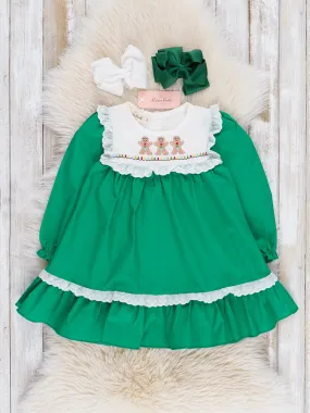 Green Embroidered Gingerbread Friends Ruffle Dress