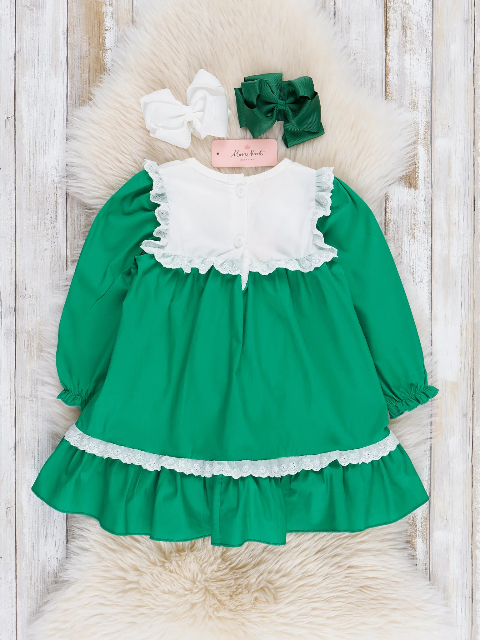 Green Embroidered Gingerbread Friends Ruffle Dress