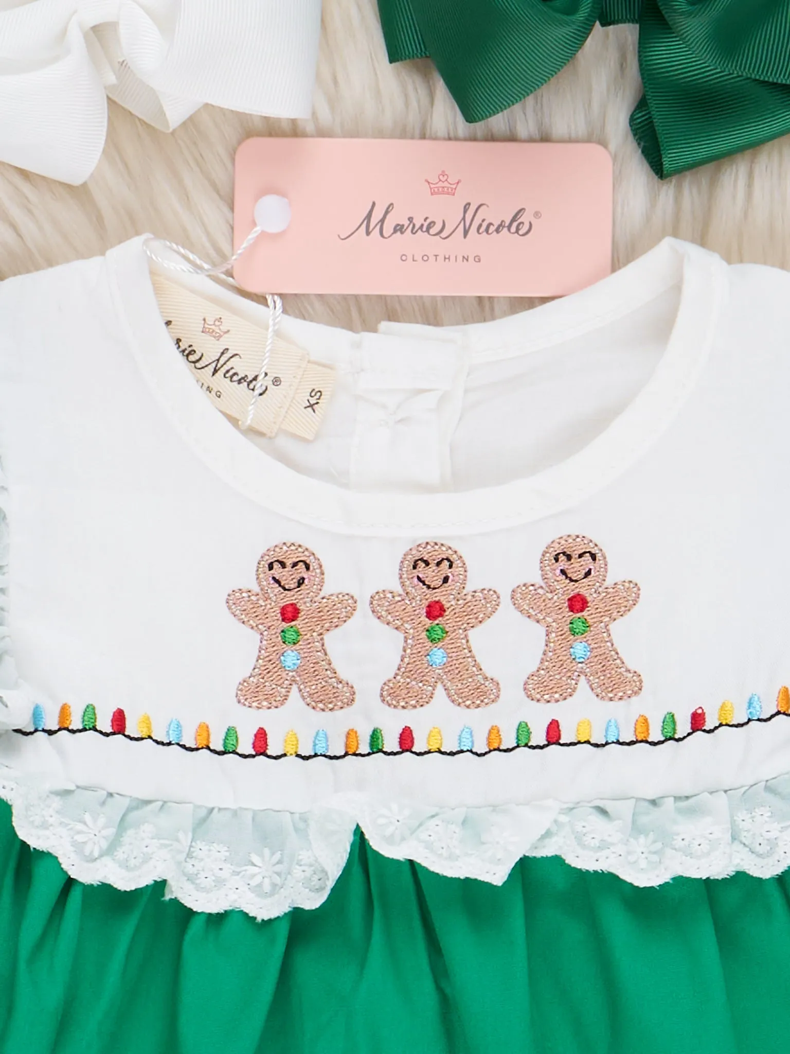 Green Embroidered Gingerbread Friends Ruffle Dress