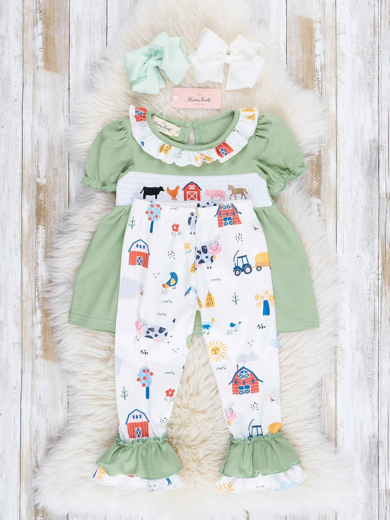 Green Farm Friends Smocked Ruffle Outfit