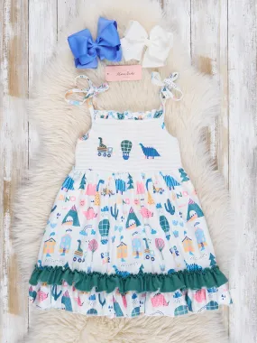 Hunter Green Smocked Dinosaur Friends Dress