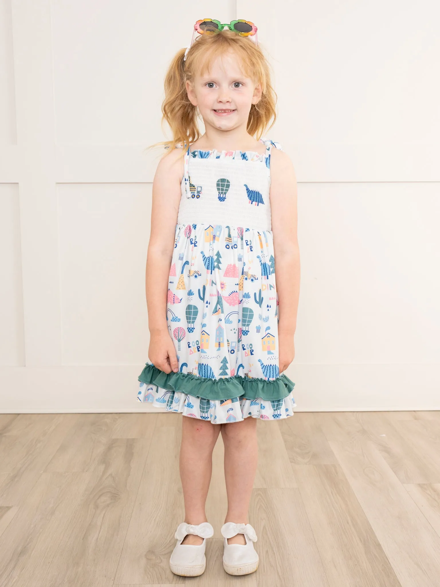 Hunter Green Smocked Dinosaur Friends Dress