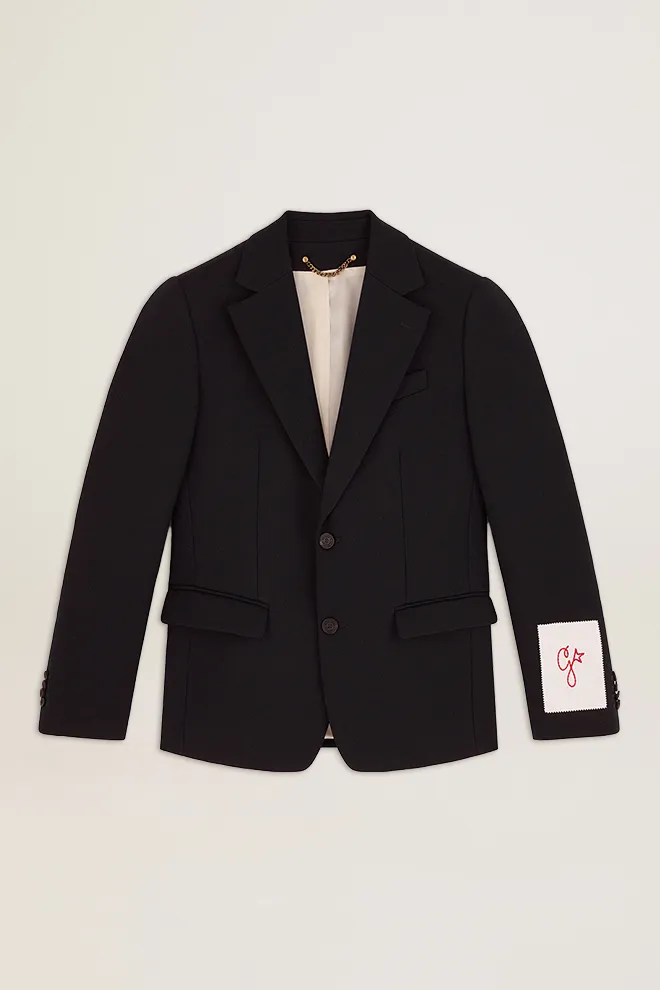 Men’s single-breasted blazer in dark blue wool gabardine