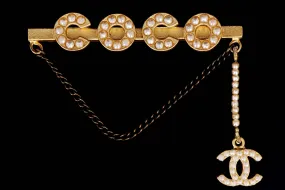 Modern Chanel COCO Pearl A Gold Bar Brooch  with Chain and Charm