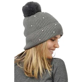 Pearl Embellished Faux Fur Lining Knit Pom Pom Beanie Hat