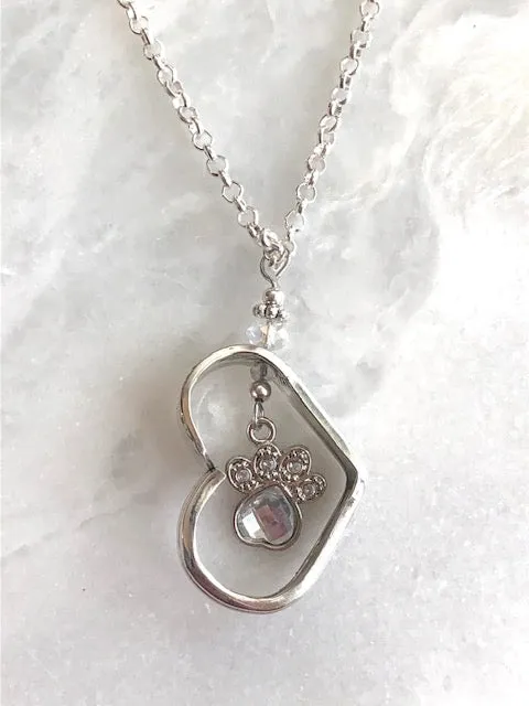 Silverware Floating Heart Crystal Paw Necklace