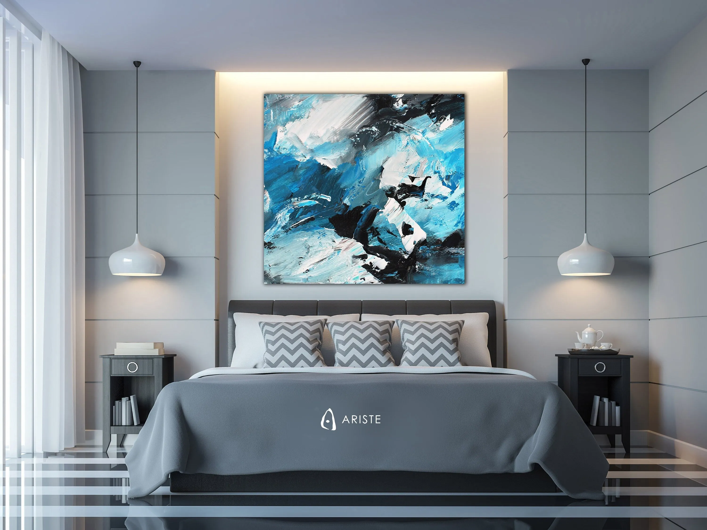 Sky blue & black extra large canvas wall art made to order in a custom size