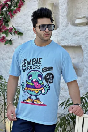 Sky Blue Oversized Half Sleeve Zombie Burgers  T-Shirt